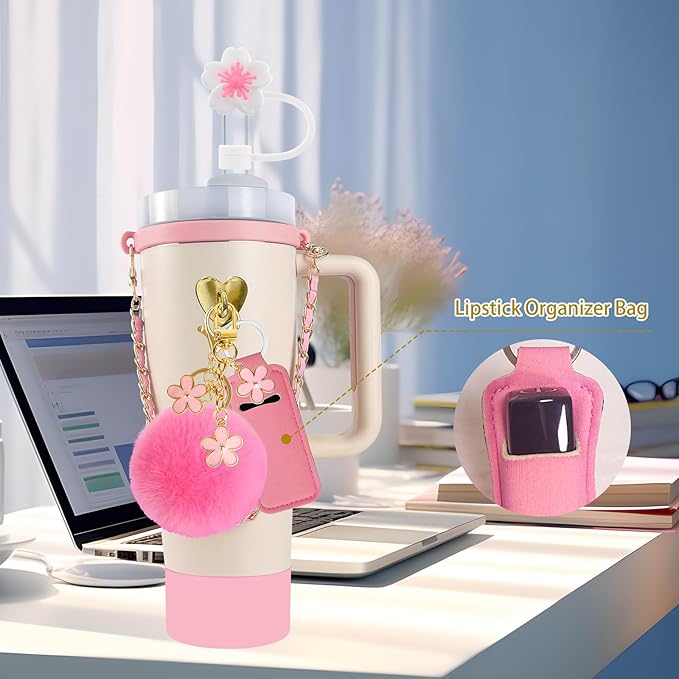 Velaco 11 PCS Accessories for Stanley Cup, Water Bottle Handle Strap for Stanley 30/40 oz tumbler with handle, including Straw Toppers, Silicone Cup Boot, Keychain Charms - PINK