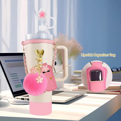 Velaco 11 PCS Accessories for Stanley Cup, Water Bottle Handle Strap for Stanley 30/40 oz tumbler with handle, including Straw Toppers, Silicone Cup Boot, Keychain Charms - PINK