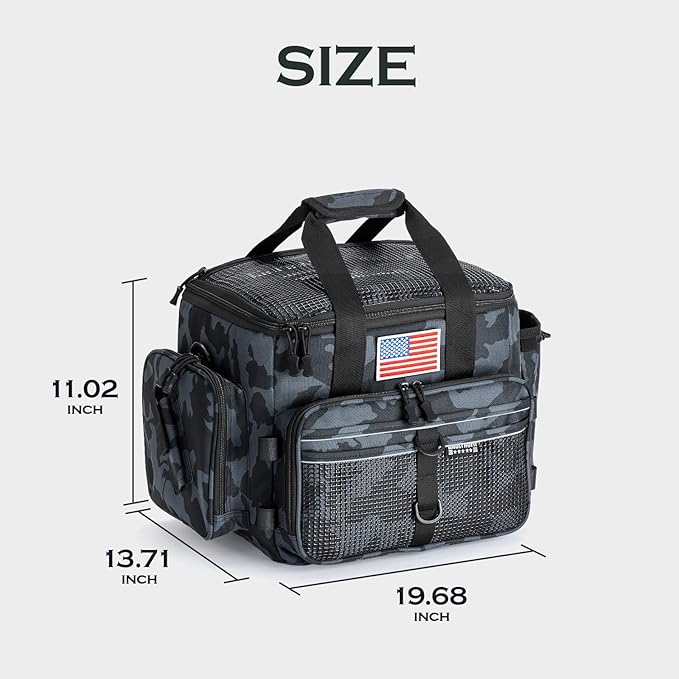 Ghosthorn Fishing Tackle Bag with Rod Holder Saltwater & Freshwater Resistant Large Tackle Box Bag - Adjustable Padded Shoulder Strap (Black Camouflage)