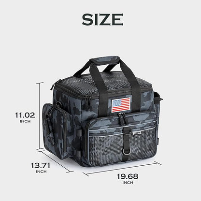 Ghosthorn Fishing Tackle Bag with Rod Holder Saltwater & Freshwater Resistant Large Tackle Box Bag - Adjustable Padded Shoulder Strap (Black Camouflage)