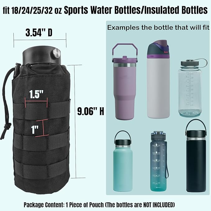 Tactical MOLLE Water Bottle Holder, Upgraded Water Bottle Pouch with Drawstring Open Top & Mesh Bottom, 16/24/25/32oz Water Bottle Carrier Bag with D-Ring Hook for Backpack