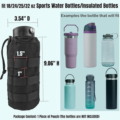 Tactical MOLLE Water Bottle Holder, Upgraded Water Bottle Pouch with Drawstring Open Top & Mesh Bottom, 16/24/25/32oz Water Bottle Carrier Bag with D-Ring Hook for Backpack