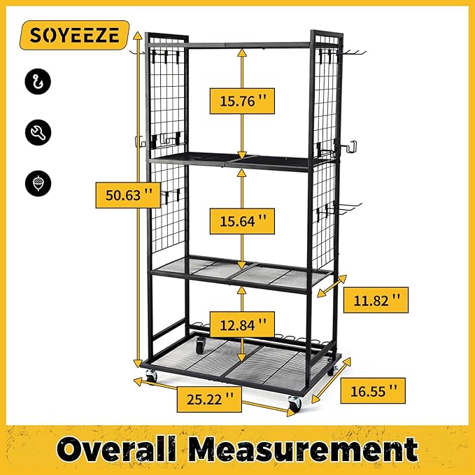 SOYEEZE Fishing Rod Holders for Garage, 4 Tier Adjustable Fishing Pole Holders Up to 12 Rods, Fishing Rod Rack with Lockable Wheels for Large Tackle Box Storage and Fishing Equipment Organization