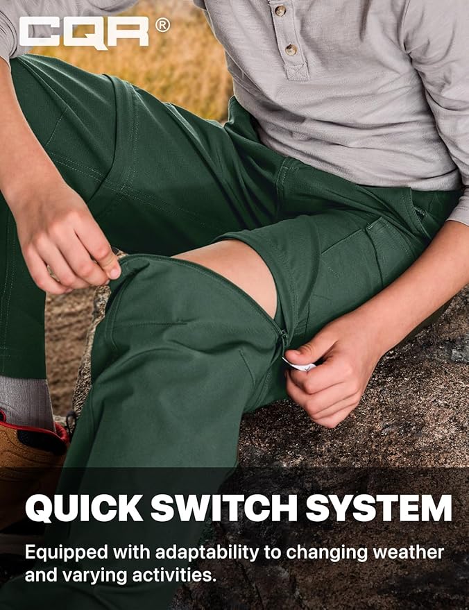 CQR Kids Youth Hiking Cargo Pants, UPF 50+ Quick Dry Convertible Zip Off Pants, Outdoor Camping Pants