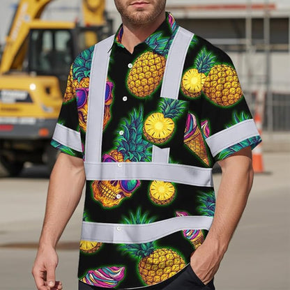 High Visibility Hawaiian Shirt for Men Tropical Shirts Custom Name Floral Outfit Reflective Safety Workwear