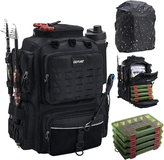 Goture Fishing Backpack with 4 Tackle Boxes,45L 600D Tackle Backpack with Rod Holders,8 Lure Pockets,Rain Cover,Large Fishing Bag Saltwater Gear Storage Bag for Camping Hiking