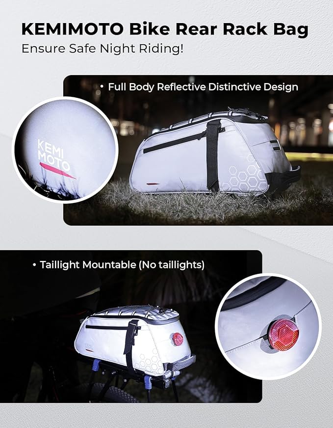 KEMIMOTO 11L Bike Bag for Bicycle Rear Rack, Fully Reflective 3-in-1 Carrying Style Bike Trunk Bag, Water-Resistant E-bike Saddle Pannier Bag with Shoulder Strap for Bike Backpack