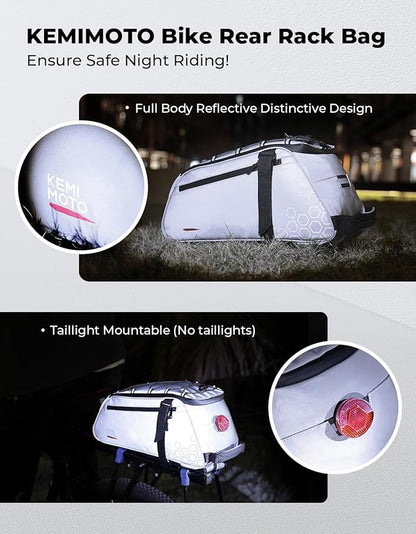 KEMIMOTO 11L Bike Bag for Bicycle Rear Rack, Fully Reflective 3-in-1 Carrying Style Bike Trunk Bag, Water-Resistant E-bike Saddle Pannier Bag with Shoulder Strap for Bike Backpack