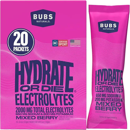 BUBS Naturals - Hydrate or Die Electrolytes Powder Packets for Fast Absorption | Premium 2000mg Electrolyte Powder | for Sports, Recovery & Well-Being (Natural Mixed Berry Flavor, 20 Sticks)