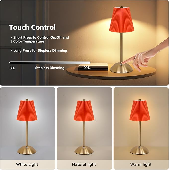 Cordless LED Table Lamp with Dimmer, Built-in Rechargeable Battery, 3-Level Brightness, Patio Table Lamp, Bedside Night Lamp, Ambient Light for Restaurant, Antique Brass (Orange)