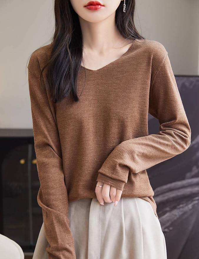 Chanyarn Women's 100% Merino Wool Base Layer Shirt Tops V Neck Long Sleeve Travel Hiking Tee T Shirt Pullover Sweater