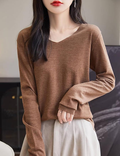 Chanyarn Women's 100% Merino Wool Base Layer Shirt Tops V Neck Long Sleeve Travel Hiking Tee T Shirt Pullover Sweater