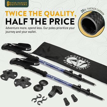 100% Carbon Fiber Trekking Poles by USA Brand - Ultra Strong Lightweight Collapsible Hiking Poles with Cork and EVA Foam Grips & Quick Adjustable Flip Locks
