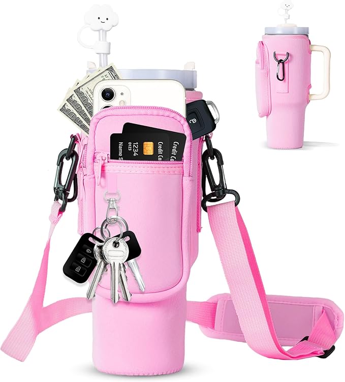 dabria Water Bottle Carrier Bag with Phone Pocket for Stanley 40/30 oz Tumbler Neoprene Water Bottle Holder Pouch with Adjustable Strap Bollus with Straw Cover & Carabiner for Stanley Cup Accessories