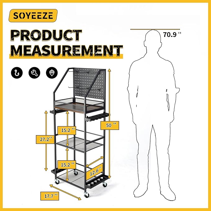 SOYEEZE Fishing Rod Holders for Garage, 3-Tier Fishing Pole Rack with Pegboard and Metal Mesh Fence, Fishing Gear Organizer with Hooks Up to 12 Rods, Rolling Fishing Storage Cart with Lockable Wheels