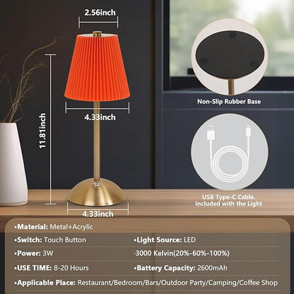 Cordless LED Table Lamp with Dimmer, Built-in Rechargeable Battery, 3-Level Brightness, Patio Table Lamp, Bedside Night Lamp, Ambient Light for Restaurant, Antique Brass (Orange)