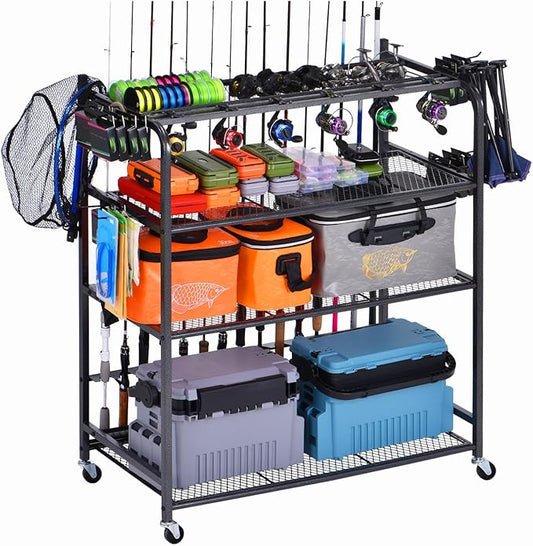 Fishing Rod Holder for Garage for 15 Rods, Fishing Pole Holders for Fishing Gear Storage Organizer, Fish Rod Rack Basement, Metal Black with Big Wheels, 4-Tier