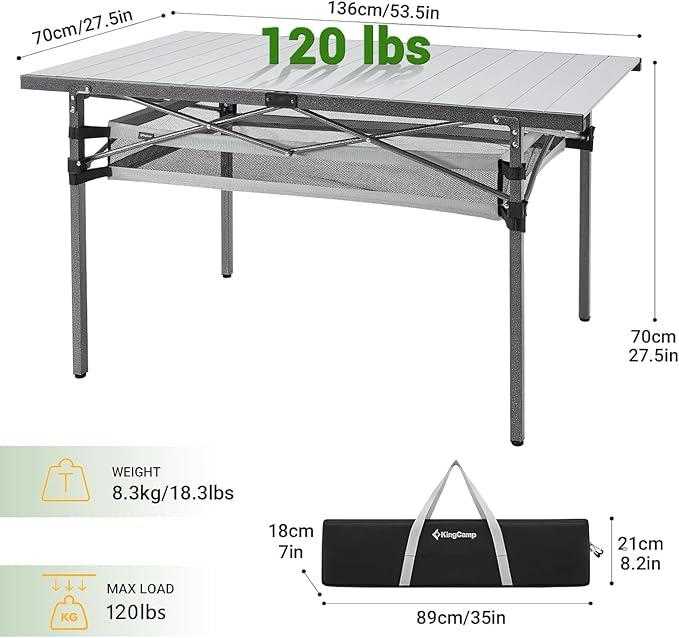 KingCamp Folding Camping Table, Aluminum Roll-Up Camp Table, Large Foldable Table for 6-8 Person, Outdoor Portable Tables with Carry Bag, 120 LBS Heavy Duty Load (Silver+Mesh：53.5"x27.5")