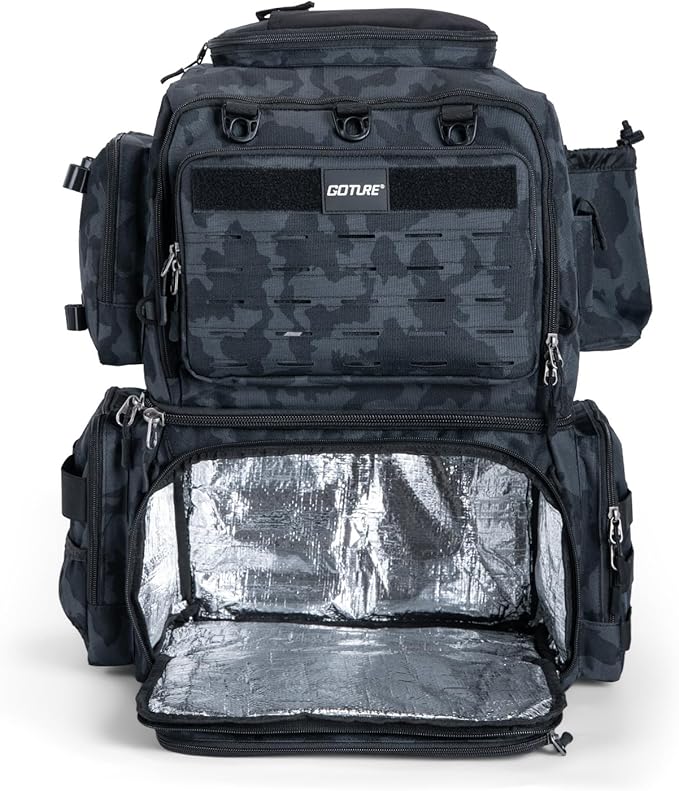 Goture Fishing Backpack, 78L 600D Water-Resistant Insulated Tackle Backpack with Cooler, Rod Holders, 8 Lure Pockets, Rain Cover, Gear Storage Large Fishing Bag for Camping Hiking(Without Tackle Box)