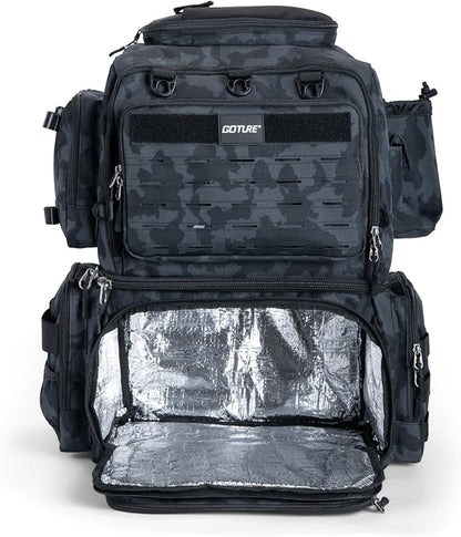 Goture Fishing Backpack, 78L 600D Water-Resistant Insulated Tackle Backpack with Cooler, Rod Holders, 8 Lure Pockets, Rain Cover, Gear Storage Large Fishing Bag for Camping Hiking(Without Tackle Box)