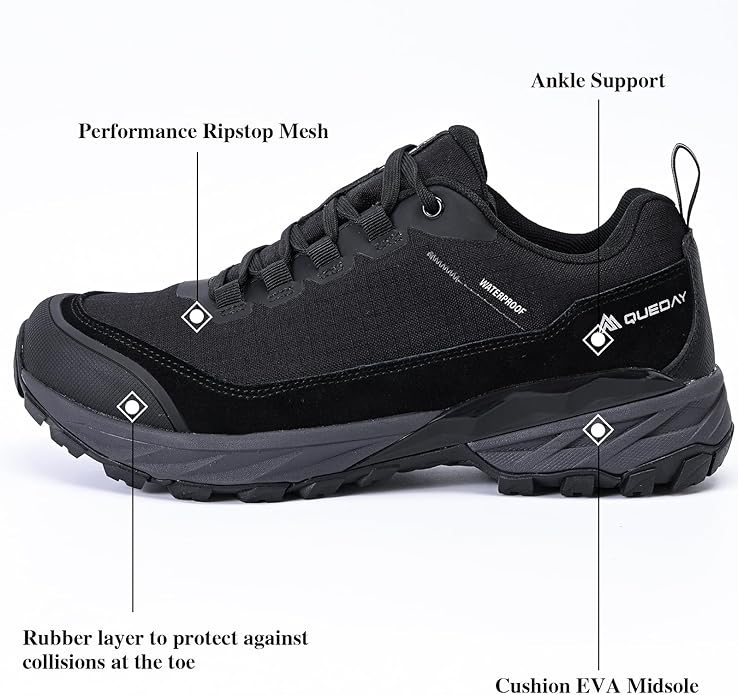 Queday Mens Waterproof Hiking Shoes Lightweight Outdoor Cordura Walking Shoes Breathable Hike Trekking Trails Camping Climbing