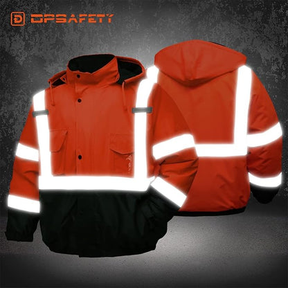 Safety jacket for men,Reflective high Visibility Hooded jacket,Hi-Vis Bomber Jacket with Pockets and Zipper,Waterproof,Black Bottom,ANSI/ISEA 107-2020 Type R Class 3,Orange
