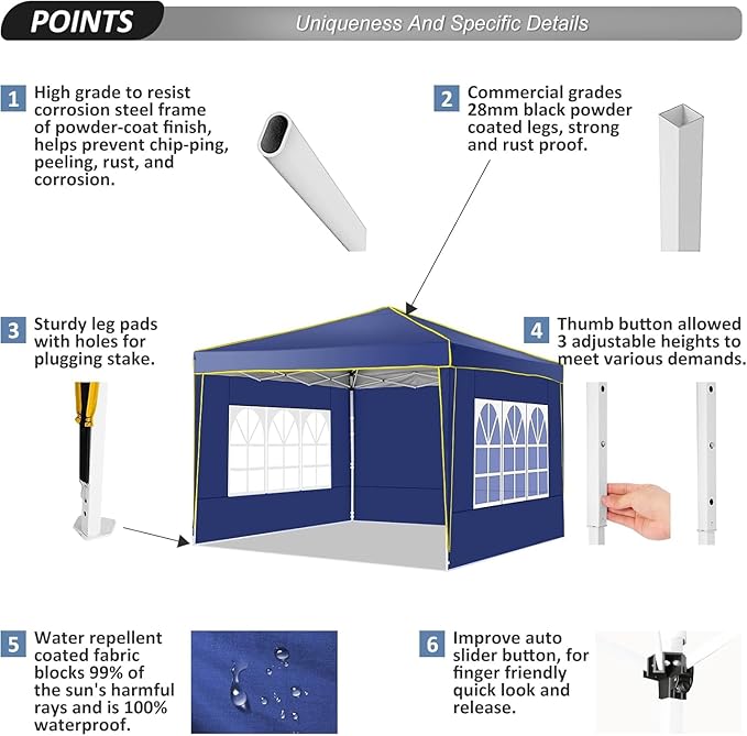COBIZI 10x10 Pop Up Canopy with 4 Sidewalls, Easy up Canopy for Events, Sports, Beach, Party, Outdoor Party Canopies with 4 Weight Bags, Stakes x4, Ropes x4, Dark Blue