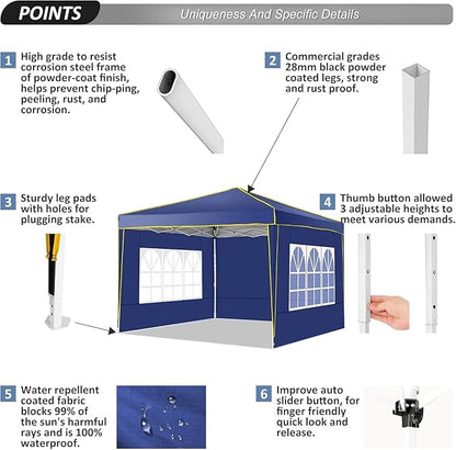 COBIZI 10x10 Pop Up Canopy with 4 Sidewalls, Easy up Canopy for Events, Sports, Beach, Party, Outdoor Party Canopies with 4 Weight Bags, Stakes x4, Ropes x4, Dark Blue