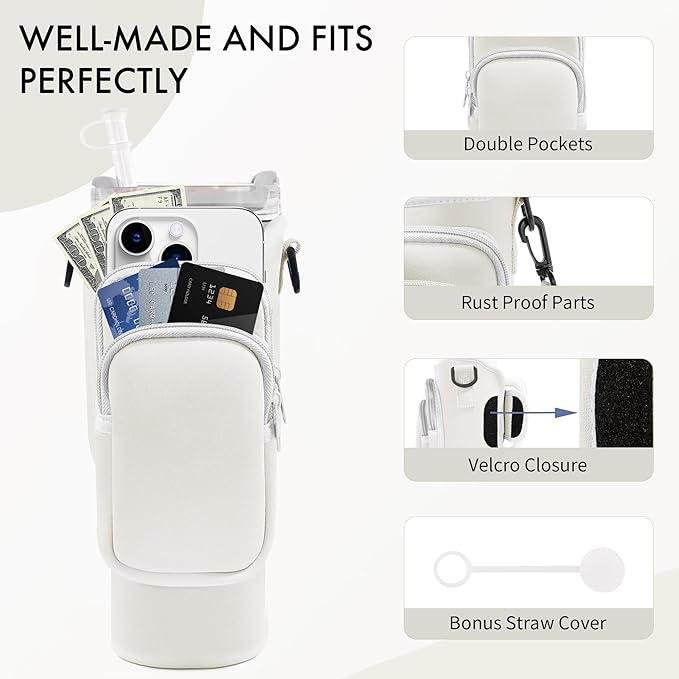 Water Bottle Carrier Bag with Phone Pocket for Stanley Cup 40/30 oz, Water Bottle Holder with Adjustable Strap& Straw Cover, Stanley Cup Accessories