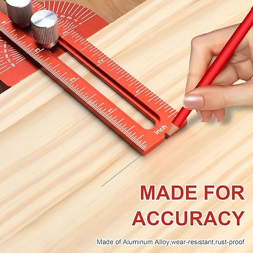 Woodworking Ruler, Adjustable Mark Angle & Straight line Scribe, Precision Pocket Ruler Metal Metric & Inch Portable Slide Rule Woodworking Tool T Square with Protractor Angle Finder (red in 3pcs)