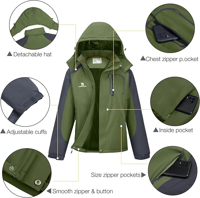 CAMELSPORTS Mens Winter Jacket Waterproof Warm Snow Ski Jackets Faux Fur Fleece Rain Coats with Removable Hood