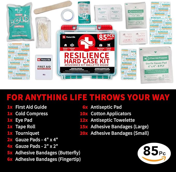 Protect Life Survival First Aid Kit for Home/Business, Camping Survival Kits | Mini Travel First Aid Kit | Camping Equipment | Small Kits for Car | Outdoor Emergency Survivals Pack - 85pcs