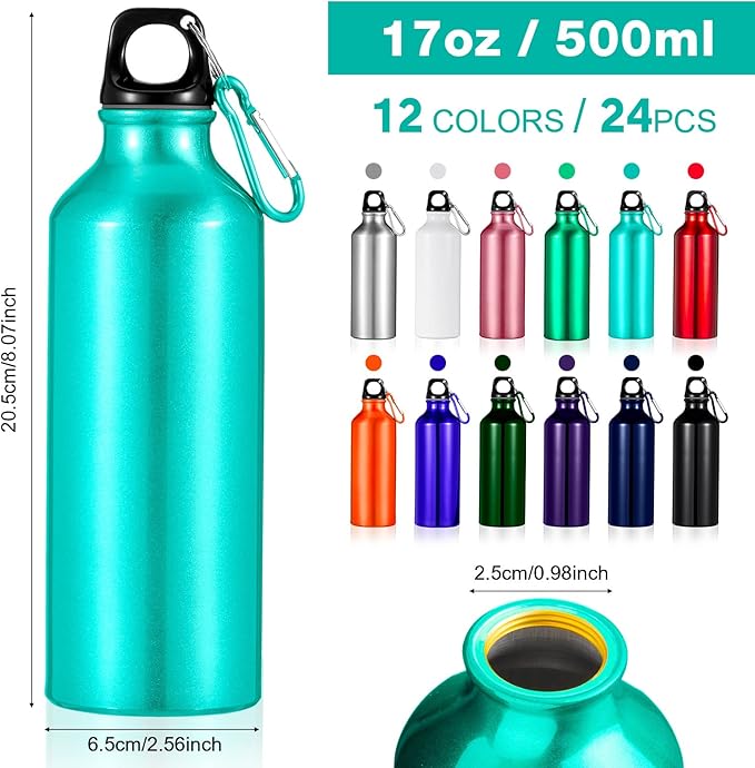 24 Pcs Aluminum Water Bottle 17oz Aluminum Reusable Bottles with Clips Sports Lightweight Water Multipack Easy Carry Leakproof Travel for Gym Hiking Cycling Sports Outdoor(Multi Color)