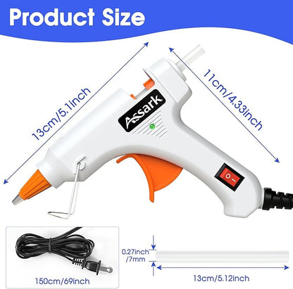 Hot Glue Gun Kit with 30 Glue Sticks(130mm x 7mm), Fast Preheating Hot Melt, High Temp for School Crafts DIY Arts and Quick Home Repairs, 20W White