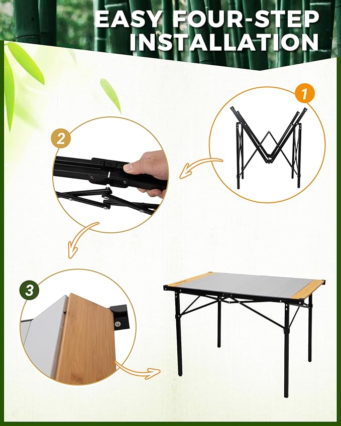 KingCamp Folding Camping Table, Aluminum Roll-Up Camp Table, Large Foldable Table for 2-4 Person, Outdoor Portable Tables with Carry Bag, 120 LBS Heavy Duty Load (Bamboo：40.16“x27.5”，2-4 People)