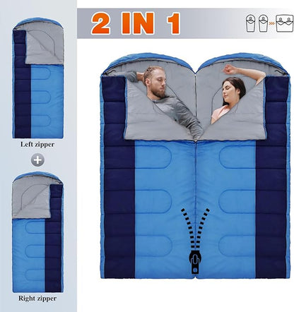 XL 10 Degree Sleeping Bags Waterproof for Adults 350GSM Machine Washable with Compression Sack for 3-4 Season Camping Outdoor