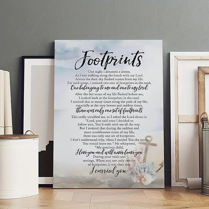 Footprints in the Sand Religious Canvas Wall Art Posters, Inspirational Beach Sunset Poem Print Poster (Framed 12x18inch, Footprints(6))