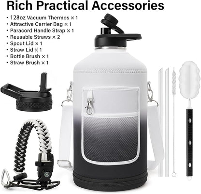 1 Gallon Insulated Water Bottle | Upgraded Thickened Stainless Steel Metal Portable Sports Large Water Jug for Gym and Hiking with Carrier Bag, Handle Strap | BPA-Free 128 oz