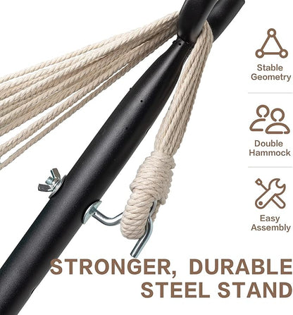 PNAEUT Double Hammocks with Stand for Outside, Portable Space Saving Heavy-Duty Steel Stand for Indoor Outdoor Patio with Carrying Bag, 450 lbs Capacity (Denim)