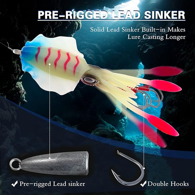 Squid Fishing Lures Large Simulation Luminous Artificial Lures Baits with 3D Holographic Eyes & Treble Hook, Built in Lead Blocks, Lifelike Plastic Fishing Soft Lures for Saltwater Fishing