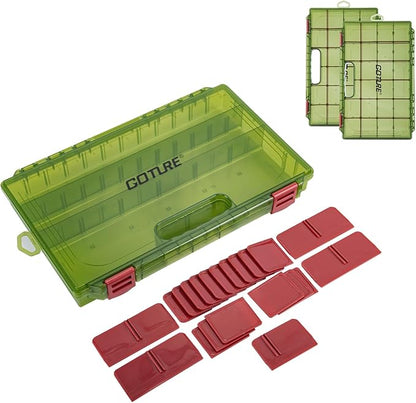 Goture Fishing Tackle Box Organizer - Transparent Fishing Organizer Box w/Measurement Ruler, Adjustable Dividers, Dual Latches | 2 Pcs 3700 Tackle Tray| Ergonomic Grip