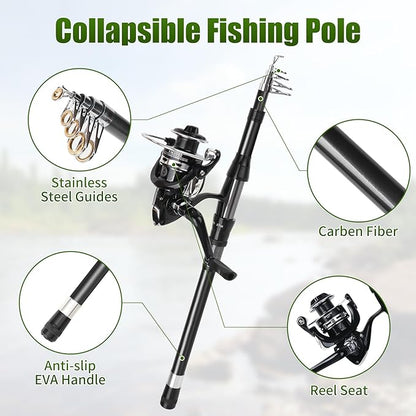 Fishing Rod Reel Combo - 2PCS 6.89ft Telescopic Fishing Poles 2PCS Spinning Reels Lures Set Fishing Pliers with Carrier Bag for Travel Saltwater Freshwater Gift Portable Fishing Pole Kit