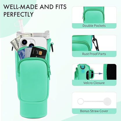 Water Bottle Carrier Bag with Phone Pocket for Stanley Cup 40/30 oz, Water Bottle Holder with Adjustable Strap& Straw Cover, Stanley Cup Accessories