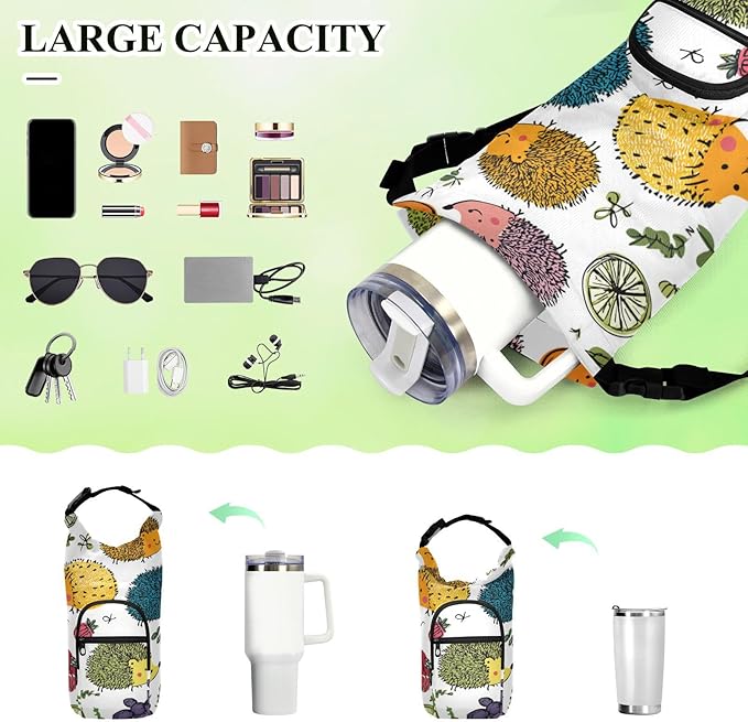Colorful Doodle Hedgehogs Water Bottle Holder with Strap Insulated Water Bottle Carrier Crossbody Bags Pouch with Phone Pocket for Travel Gym Hiking Walking Running