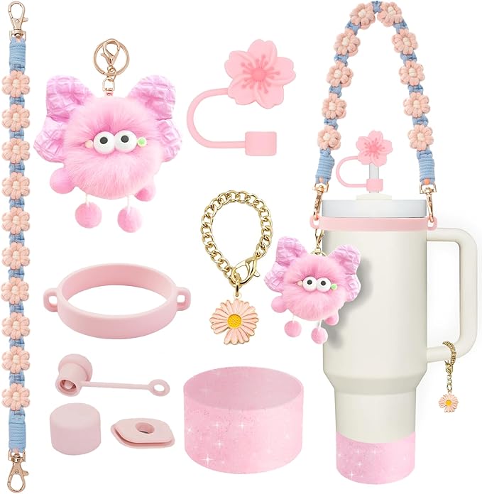 Stanley Cup Accessories Set for 40oz & 30oz Tumblers - Handle Strap, Spill-Proof Stopper, Silicone Straw Cover, Boot Base Protector, Keychain & Handle Charms(Pink)
