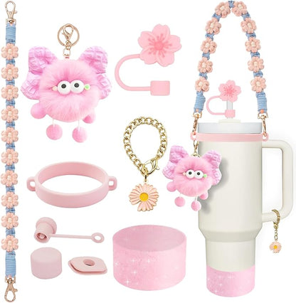 Stanley Cup Accessories Set for 40oz & 30oz Tumblers - Handle Strap, Spill-Proof Stopper, Silicone Straw Cover, Boot Base Protector, Keychain & Handle Charms(Pink)
