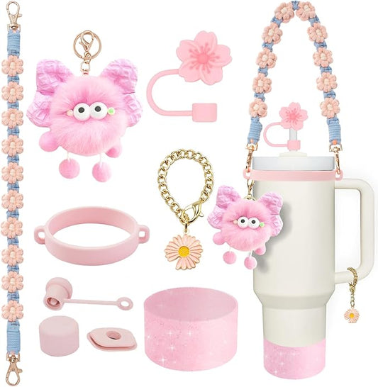 Stanley Cup Accessories Set for 40oz & 30oz Tumblers - Handle Strap, Spill-Proof Stopper, Silicone Straw Cover, Boot Base Protector, Keychain & Handle Charms(Pink)