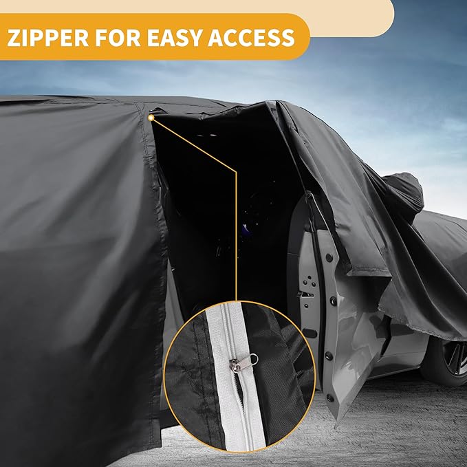 Waterproof All-Weather Universal Car Cover with Right Side Zipper, 210T-PU Black Fits for Sedan 165" to 177" Length