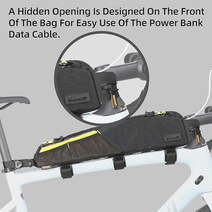 Rhinowalk Bike Frame Bag 2.1L, Waterproof Front Tube Bag with Dual Compartments, YKK Zipper, Phone Storage & Cable Port – Fits Most Bikes – Black+Yellow
