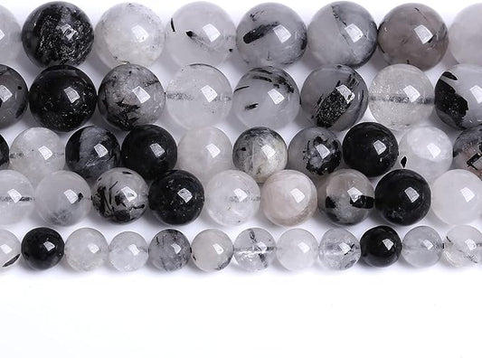 6MM 60PCS Natural Crystal Stone Black Rutile Quartz Gemstone 2A Grade Loose Beads for Jewelry Making DIY Bracelet Necklace Semi Precious Beads 1 Strand